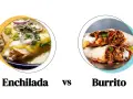 Enchilada to danie z tortilli z nadzieniem, polane sosem i posypane serem. Obok burrito, które jest zawiniętą tortillą z farszem.