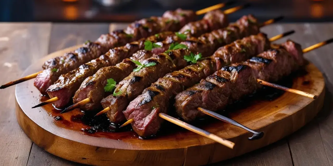 Soczyste, grillowane szaszłyki z mięsa, przypominające smakowity döner, ułożone na drewnianej desce, ozdobione natką pietruszki.
