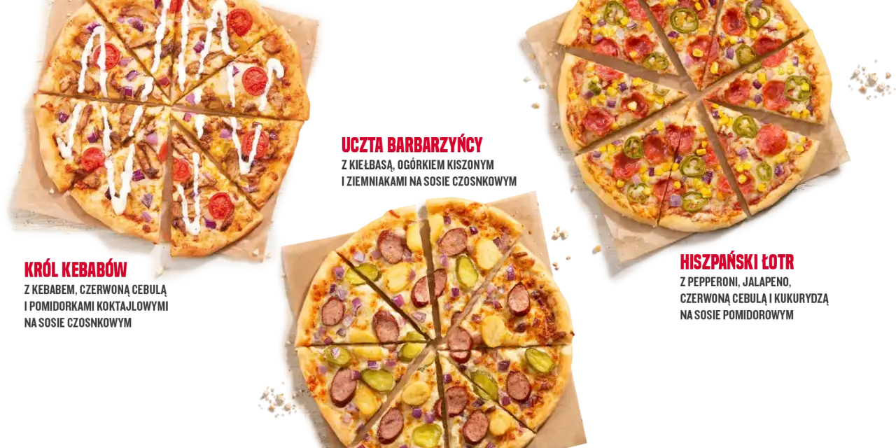 Telepizza: Król Kebabów, Uczta Barbarzyńcy i Hiszpański Łotr – zobacz rozmiary pizzy i ich składniki.