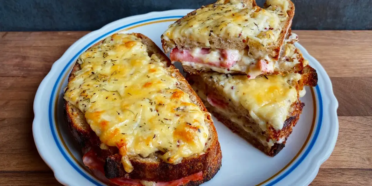 Dwa pyszne croque monsieur z rozpływającym się serem i szynką, posypane ziołami.