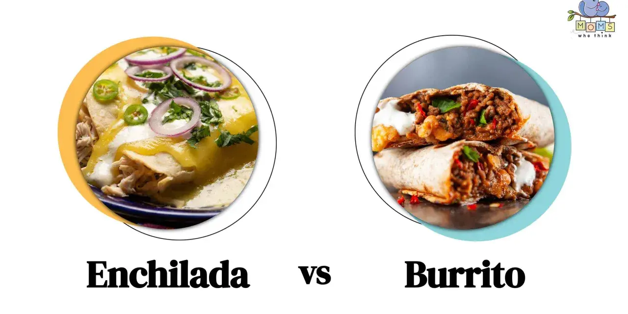 Enchilada to danie z tortilli z nadzieniem, polane sosem i posypane serem. Obok burrito, które jest zawiniętą tortillą z farszem.