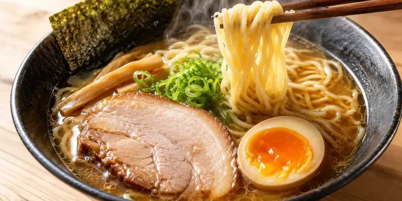 Parujący ramen z makaronem, plastrem wieprzowiny, jajkiem na pół, bambusem i wodorostami nori. Pyszne danie, z czego jest zrobione, widać na talerzu.