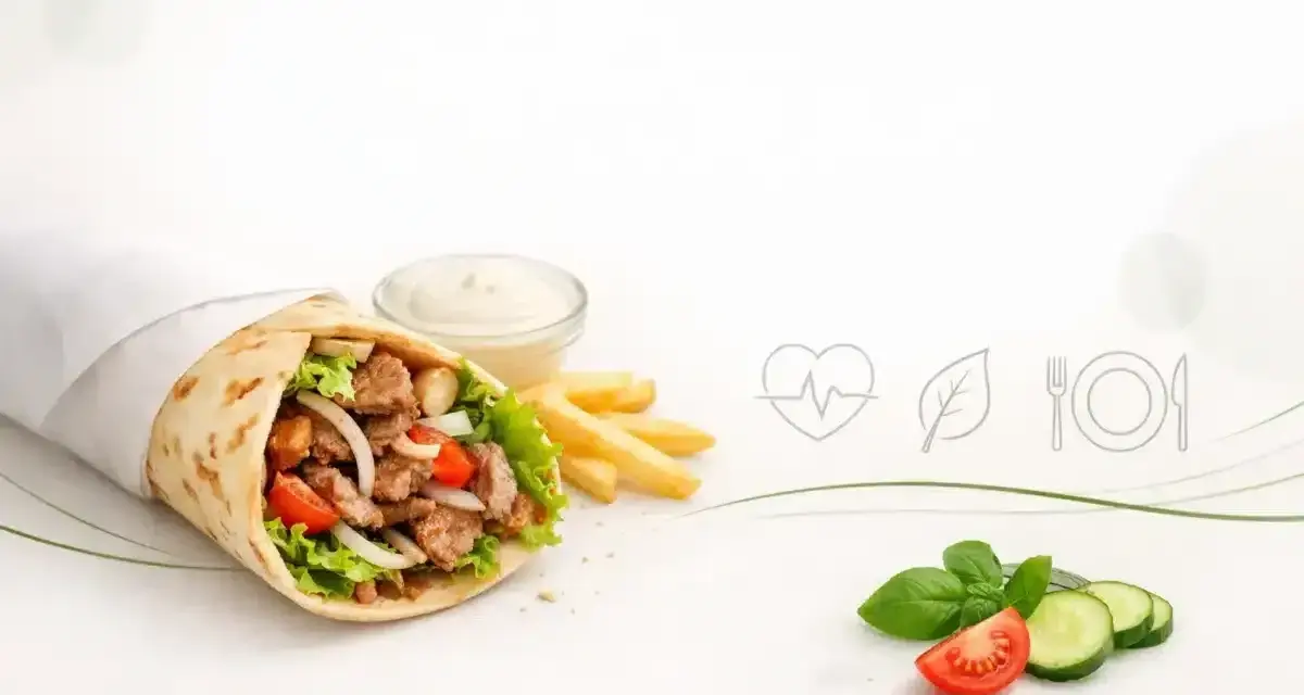 Pyszny kebab z mięsem, warzywami i sosem. Zobacz, co jest w kebabie: soczyste mięso, świeża sałata, pomidor, cebula i frytki.