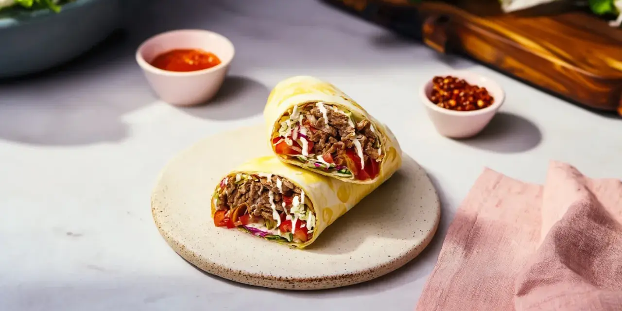 Pyszny rollo z mięsem, warzywami i sosem, podany na talerzu. Obok miseczki z sosem i papryczkami chili.