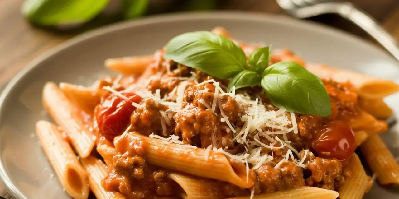 Penne z sosem bolognese, posypane parmezanem i udekorowane bazylią. Pyszne potrawy włoskie na talerzu.