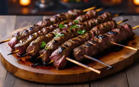 Soczyste, grillowane szaszłyki z mięsa, przypominające smakowity döner, ułożone na drewnianej desce, ozdobione natką pietruszki.