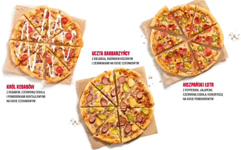 Telepizza: Król Kebabów, Uczta Barbarzyńcy i Hiszpański Łotr – zobacz rozmiary pizzy i ich składniki.