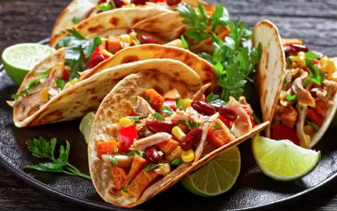 Pyszne meksykańskie jedzenie: tacos z kurczakiem, fasolą, kukurydzą i papryką, podane z limonką i kolendrą.