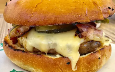 Pyszny burger z dzika z rozpływającym się serem, chrupiącym boczkiem i piklami. Idealny na leśną ucztę!