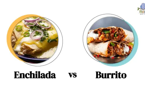 Enchilada to danie z tortilli z nadzieniem, polane sosem i posypane serem. Obok burrito, które jest zawiniętą tortillą z farszem.
