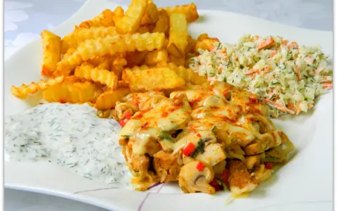 Pyszna shoarma drobiowa z serem, chrupiącymi frytkami, surówką i sosem.