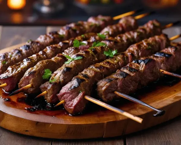 Soczyste, grillowane szaszłyki z mięsa, przypominające smakowity döner, ułożone na drewnianej desce, ozdobione natką pietruszki.