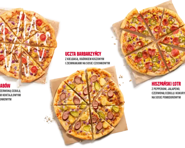 Telepizza: Król Kebabów, Uczta Barbarzyńcy i Hiszpański Łotr – zobacz rozmiary pizzy i ich składniki.