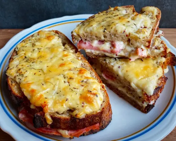 Dwa pyszne croque monsieur z rozpływającym się serem i szynką, posypane ziołami.
