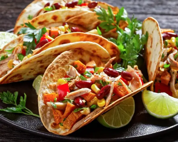 Pyszne meksykańskie jedzenie: tacos z kurczakiem, fasolą, kukurydzą i papryką, podane z limonką i kolendrą.