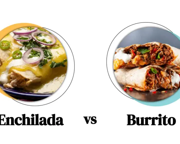 Enchilada to danie z tortilli z nadzieniem, polane sosem i posypane serem. Obok burrito, które jest zawiniętą tortillą z farszem.