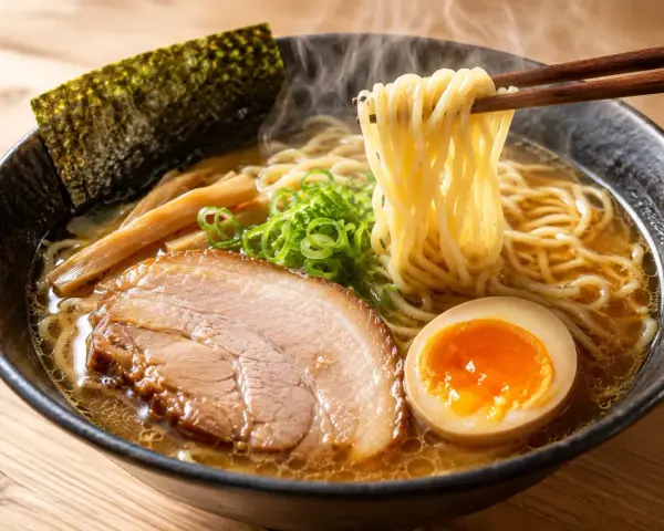 Parujący ramen z makaronem, plastrem wieprzowiny, jajkiem na pół, bambusem i wodorostami nori. Pyszne danie, z czego jest zrobione, widać na talerzu.