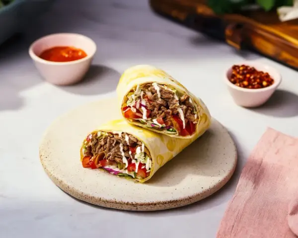 Pyszny rollo z mięsem, warzywami i sosem, podany na talerzu. Obok miseczki z sosem i papryczkami chili.