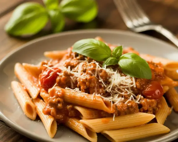 Penne z sosem bolognese, posypane parmezanem i udekorowane bazylią. Pyszne potrawy włoskie na talerzu.