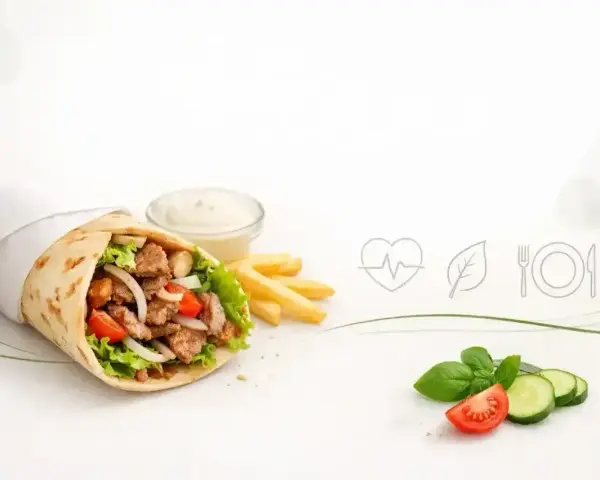 Kebab z warzywami i frytkami. Czy kebab jest zdrowy? Zależy od składników i sposobu przygotowania.