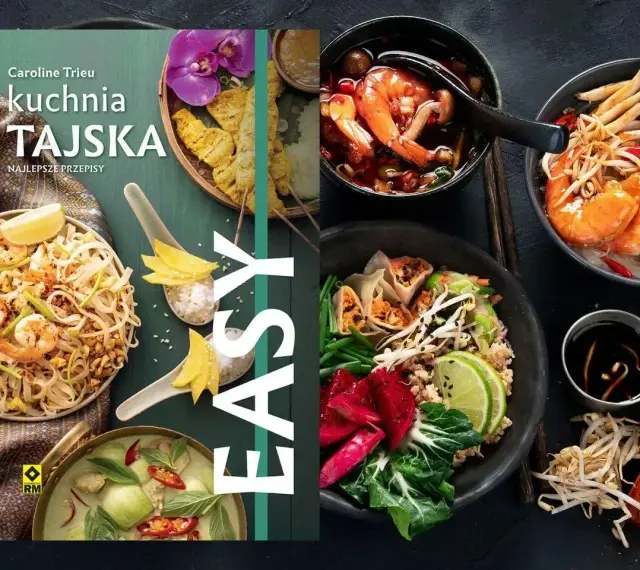 Książka "Kuchnia Tajska. Najlepsze przepisy" z apetycznymi daniami, takimi jak Pad Thai i zielone curry. Odkryj smaki Azji!