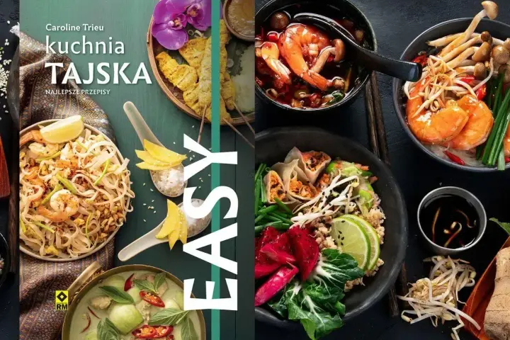 Książka "Kuchnia Tajska. Najlepsze przepisy" z apetycznymi daniami, takimi jak Pad Thai i zielone curry. Odkryj smaki Azji!