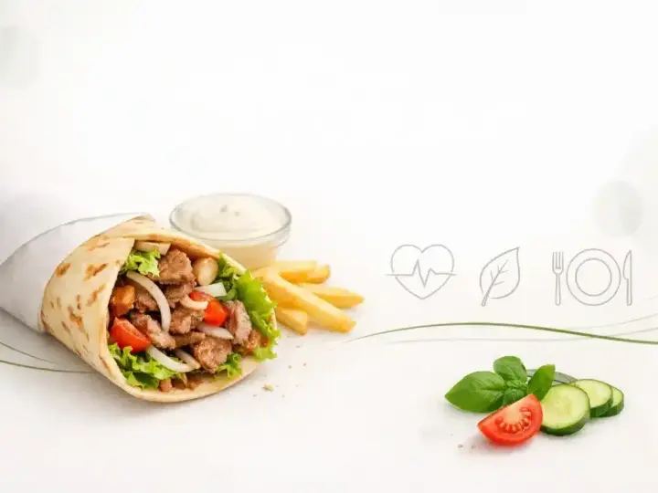 Pyszny kebab z mięsem, warzywami i sosem. Zobacz, co jest w kebabie: soczyste mięso, świeża sałata, pomidor, cebula i frytki.