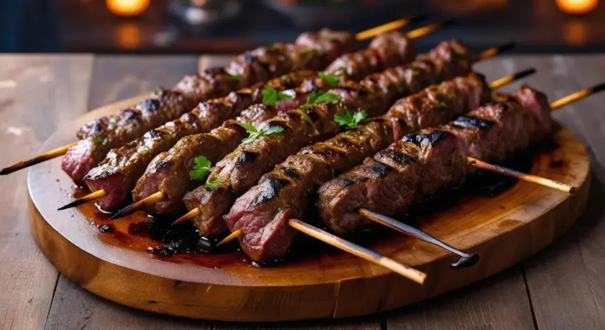 Soczyste, grillowane szaszłyki z mięsa, przypominające smakowity döner, ułożone na drewnianej desce, ozdobione natką pietruszki.