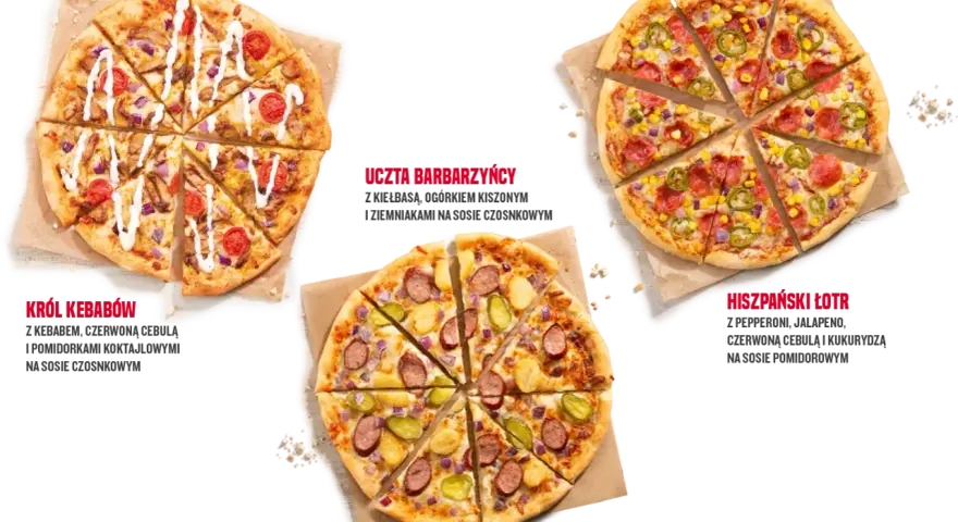 Telepizza: Król Kebabów, Uczta Barbarzyńcy i Hiszpański Łotr – zobacz rozmiary pizzy i ich składniki.