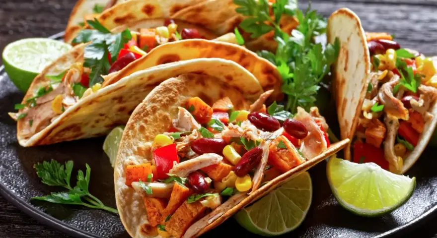 Pyszne meksykańskie jedzenie: tacos z kurczakiem, fasolą, kukurydzą i papryką, podane z limonką i kolendrą.