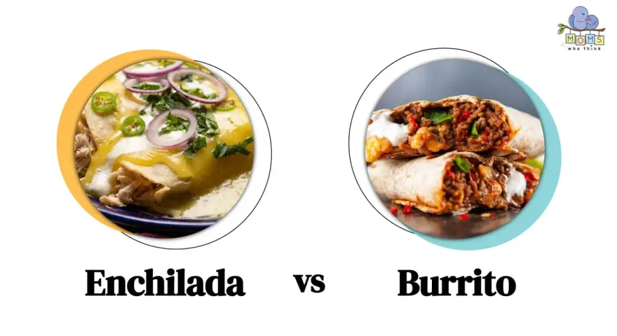 Enchilada to danie z tortilli z nadzieniem, polane sosem i posypane serem. Obok burrito, które jest zawiniętą tortillą z farszem.