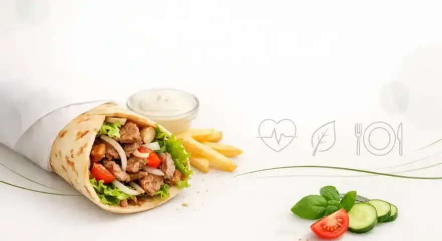 Pyszny kebab z mięsem, warzywami i sosem. Zobacz, co jest w kebabie: soczyste mięso, świeża sałata, pomidor, cebula i frytki.