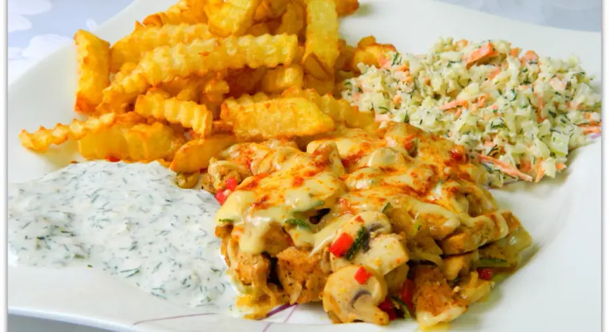 Pyszna shoarma drobiowa z serem, chrupiącymi frytkami, surówką i sosem.