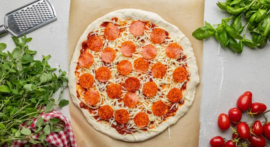 Surowa pizza z sosem, serem i okrągłymi plasterkami peperoni, gotowa do pieczenia. Obok świeża bazylia i pomidorki.