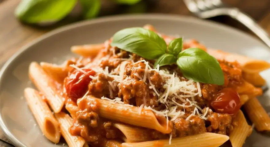 Penne z sosem bolognese, posypane parmezanem i udekorowane bazylią. Pyszne potrawy włoskie na talerzu.