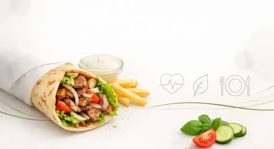 Kebab z warzywami i frytkami. Czy kebab jest zdrowy? Zależy od składników i sposobu przygotowania.