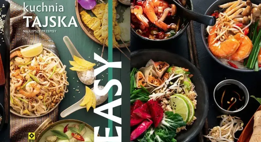 Książka "Kuchnia Tajska. Najlepsze przepisy" z apetycznymi daniami, takimi jak Pad Thai i zielone curry. Odkryj smaki Azji!