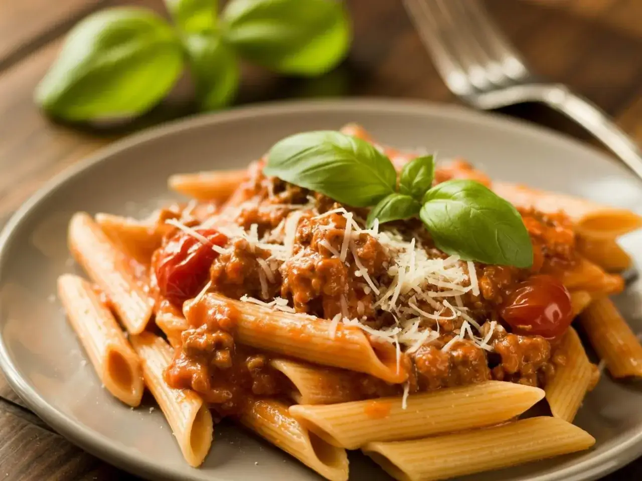 Penne z sosem bolognese, posypane parmezanem i udekorowane bazylią. Klasyczne potrawy włoskie, które zachwycają smakiem.