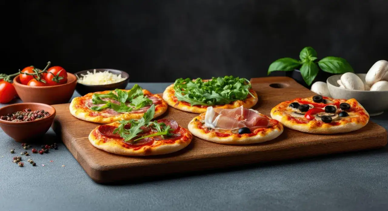 Pięć małych pizz, czyli pizzetta, z różnymi dodatkami: rukolą, szynką, salami, oliwkami i papryką.