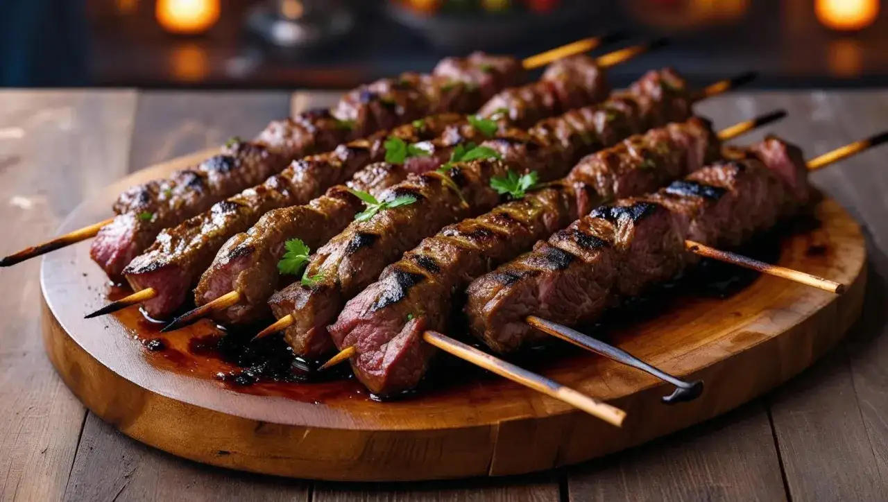 Soczyste szaszłyki z mięsa, przypominające smakowity döner, ułożone na drewnianej desce, ozdobione natką pietruszki.