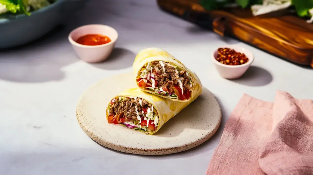 Pyszny rollo z mięsem, warzywami i sosem na talerzu. Obok miseczki z sosem i papryczkami chili.