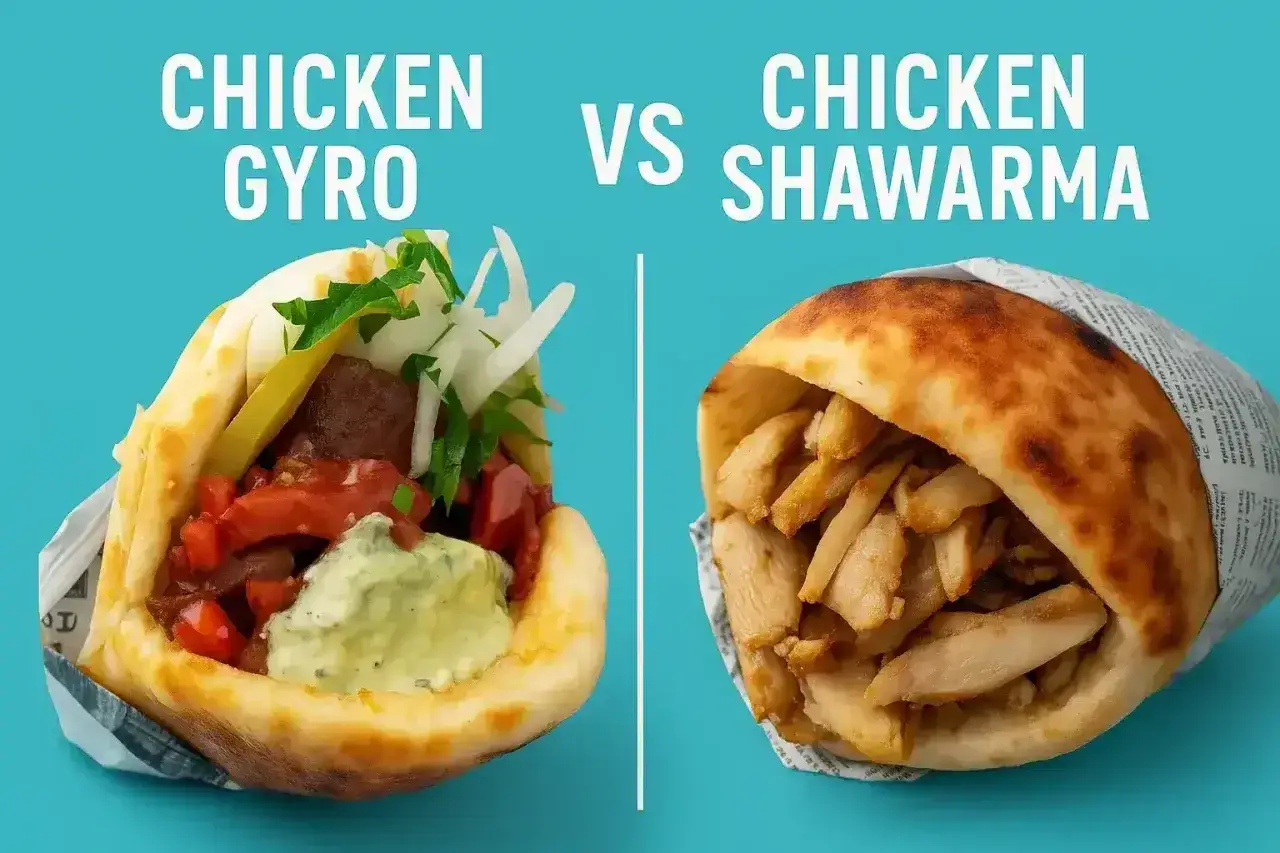 Dwa rodzaje kebabów: gyro z warzywami i sosami oraz shawarma z kurczakiem. Zastanawiasz się, ile kcal ma kebab?