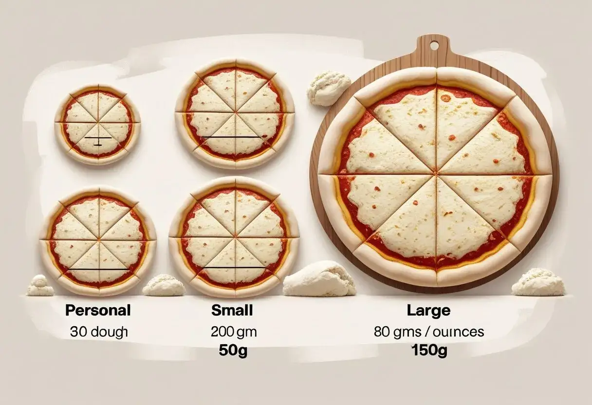 Porównanie rozmiarów pizzy Telepizza: Personal, Small i Large. Każda pizza pokrojona na 8 kawałków, z różną ilością ciasta.