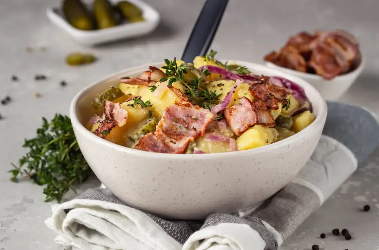 Oryginalna kartoffelsalat z chrupiącym boczkiem, ogórkiem kiszonym i czerwoną cebulą, udekorowana świeżym tymiankiem.