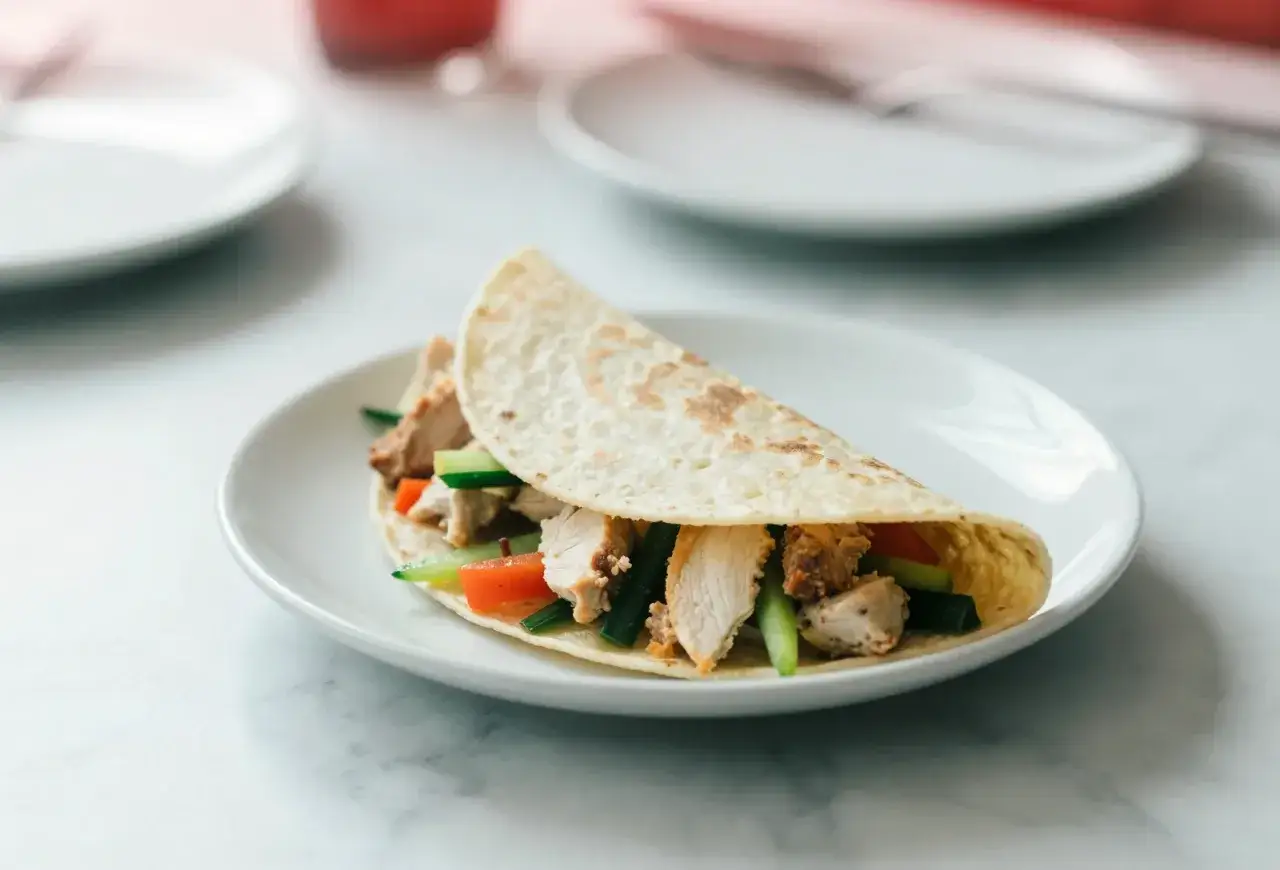 Pyszna durum tortilla z kurczakiem, ogórkiem i pomidorem na białym talerzu.