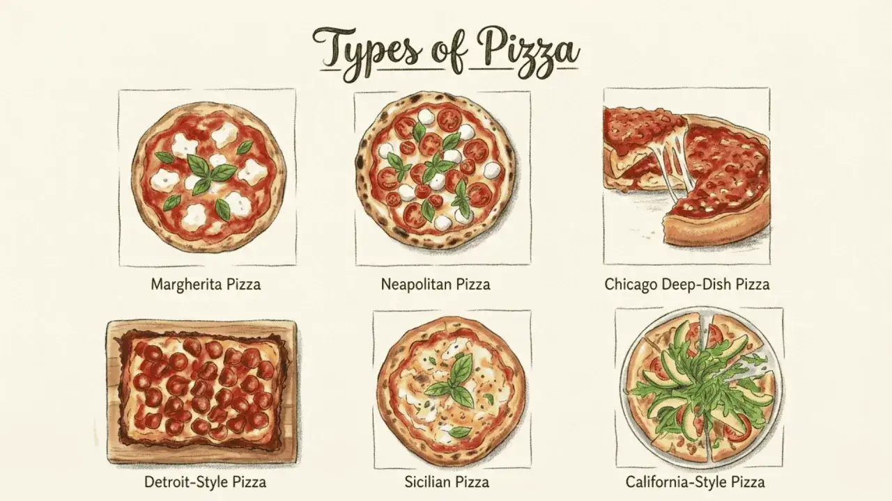 Ilustracja przedstawia różne rodzaje pizzy: Margherita, Neapolitańską, Chicago Deep-Dish, Detroit-Style, Sycylijską i Kalifornijską.