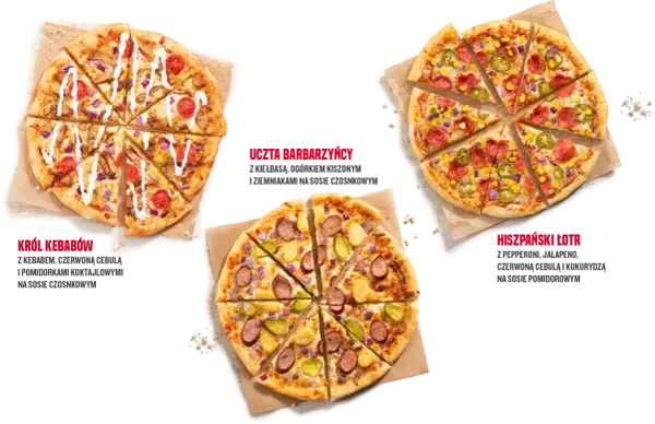 Telepizza: Król Kebabów, Uczta Barbarzyńcy i Hiszpański Łotr – zobacz rozmiary pizzy i ich składniki.