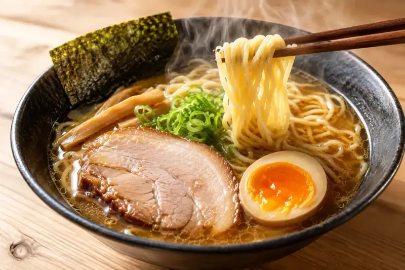 Parujący ramen z makaronem, plastrem wieprzowiny, jajkiem na pół, bambusem i wodorostami nori. Pyszne danie, z czego jest zrobione, widać na talerzu.